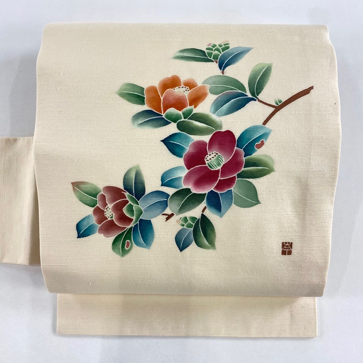 名古屋帯 秀品 落款 椿 ぼかし ベージュ 正絹