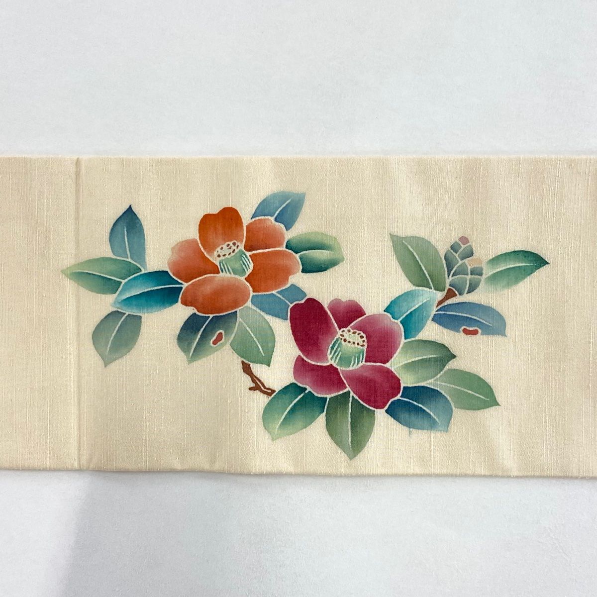  名古屋帯 秀品 落款 椿 ぼかし ベージュ 正絹 名古屋帯 帯