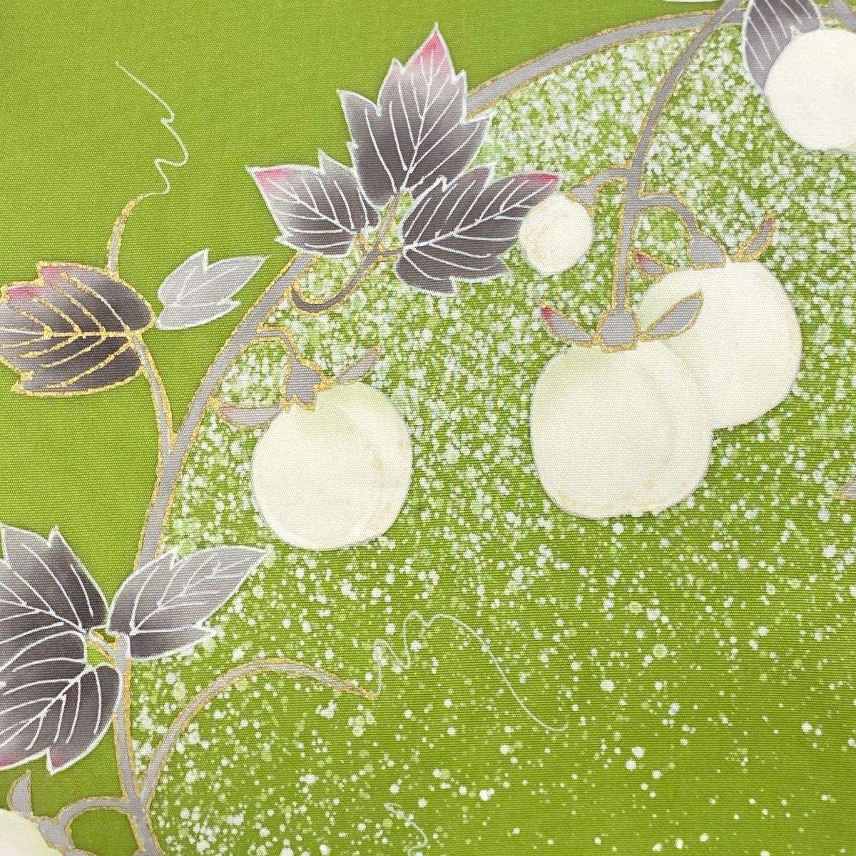 名古屋帯 秀品 落款 草花 金彩 よもぎ色 正絹