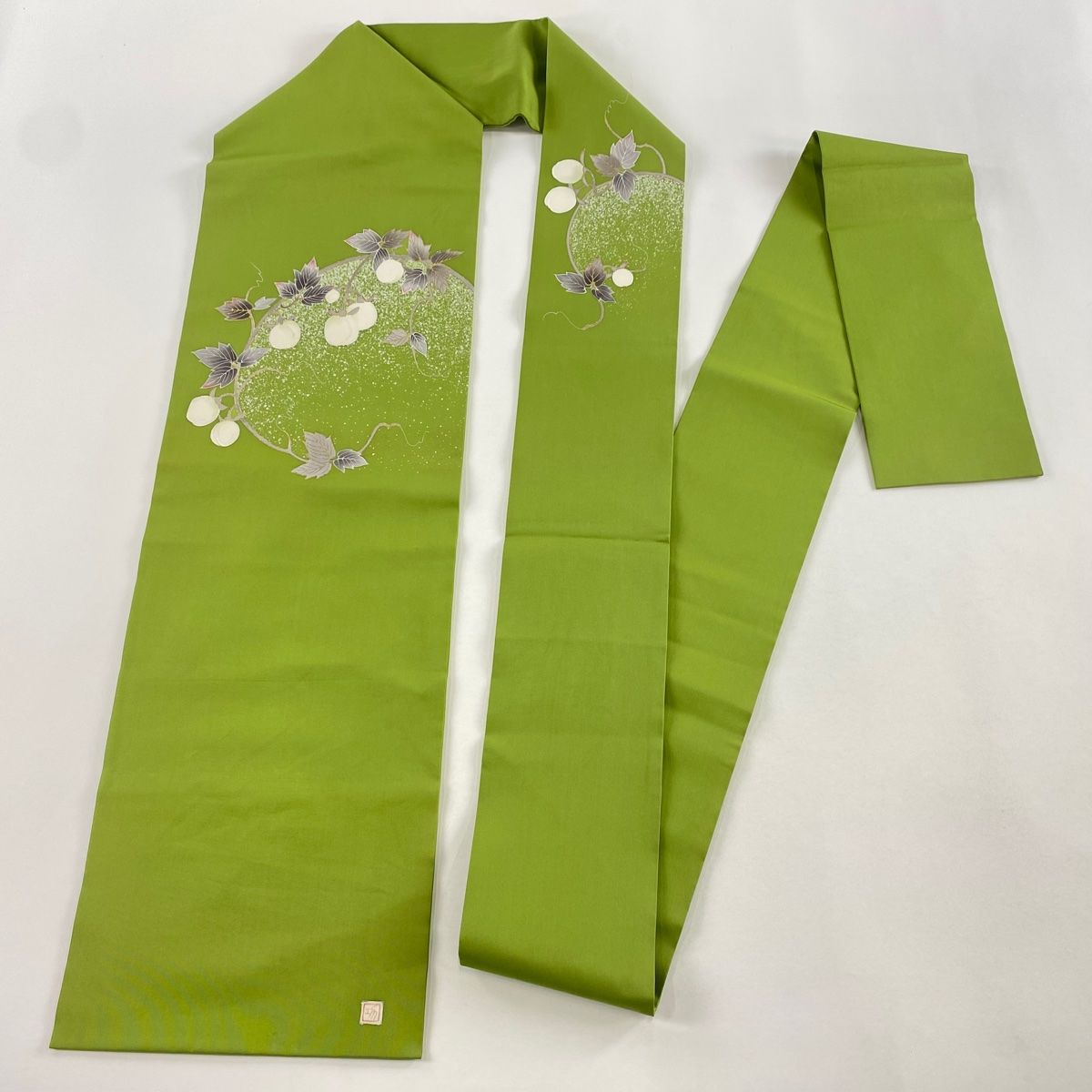  名古屋帯 秀品 落款 草花 金彩 よもぎ色 正絹 名古屋帯 帯