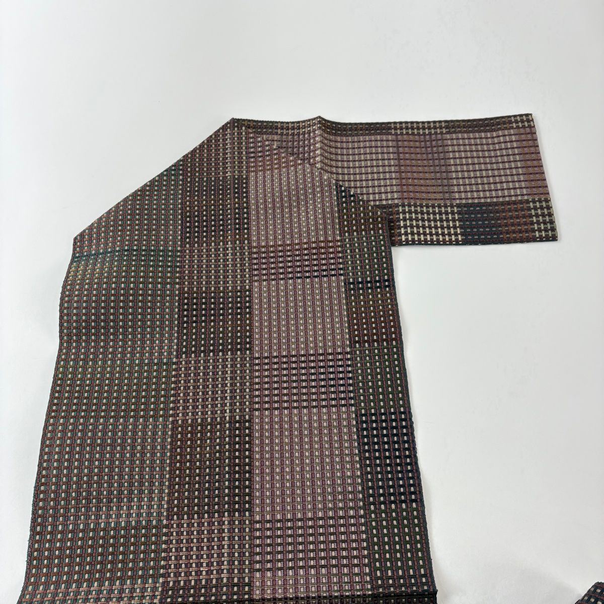 名古屋帯 秀品 松葉仕立て 八寸名古屋帯 格子 幾何学模様 茶紫 正絹