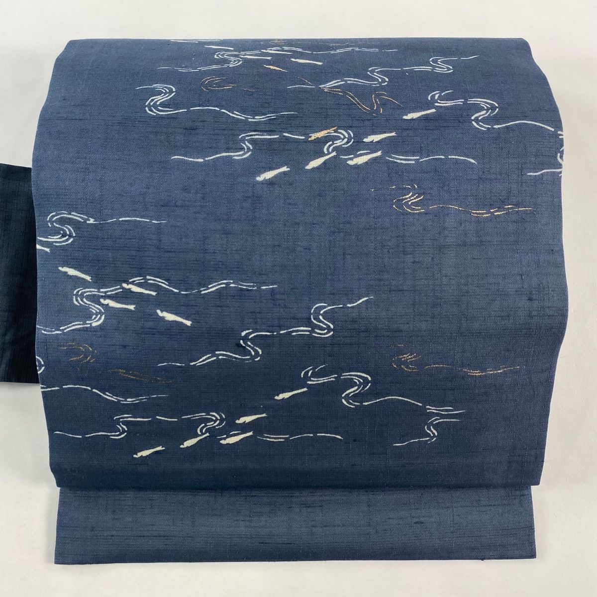 名古屋帯 名品 夏帯 夏紬地 稚魚 流水 金彩 青灰色 正絹 【】