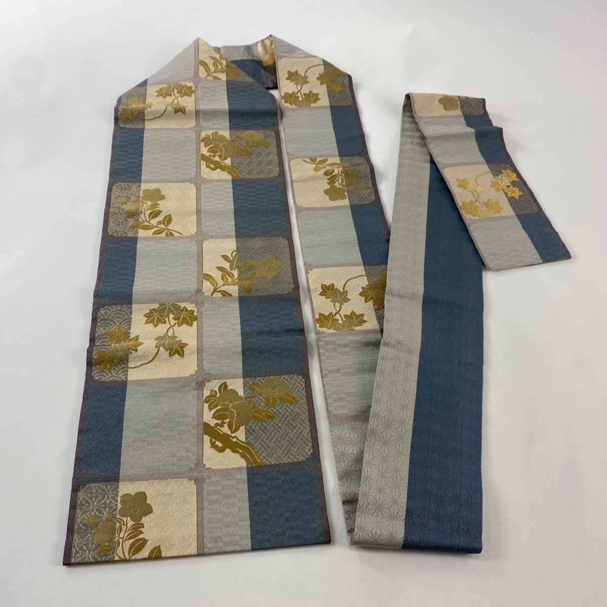  名古屋帯 椿 桔梗 金糸 箔 青灰色 正絹 名古屋帯 帯