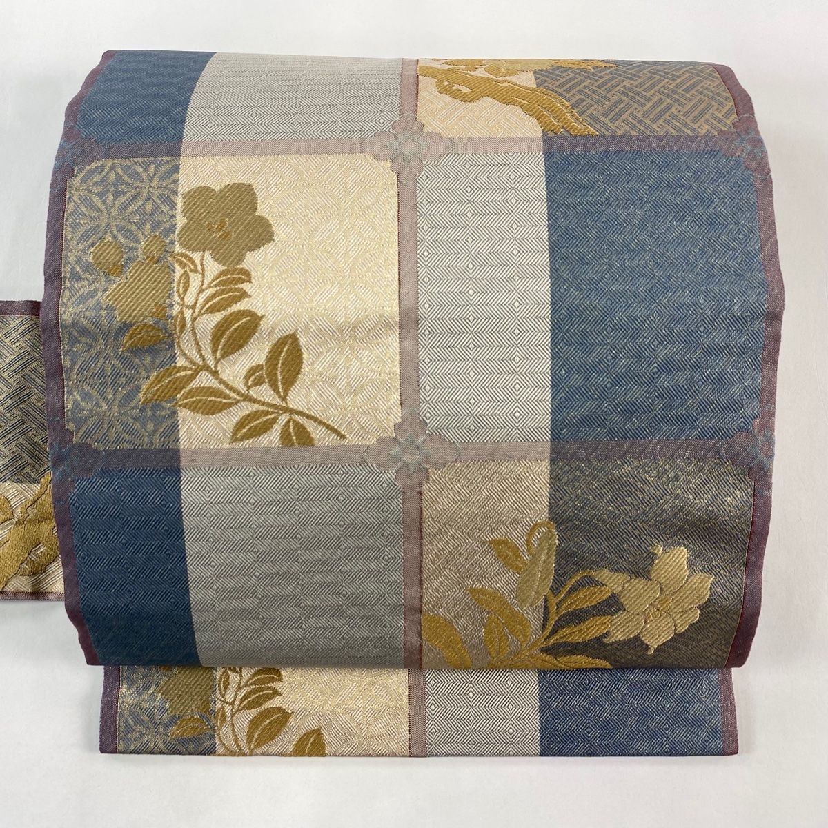名古屋帯 椿 桔梗 金糸 箔 青灰色 正絹