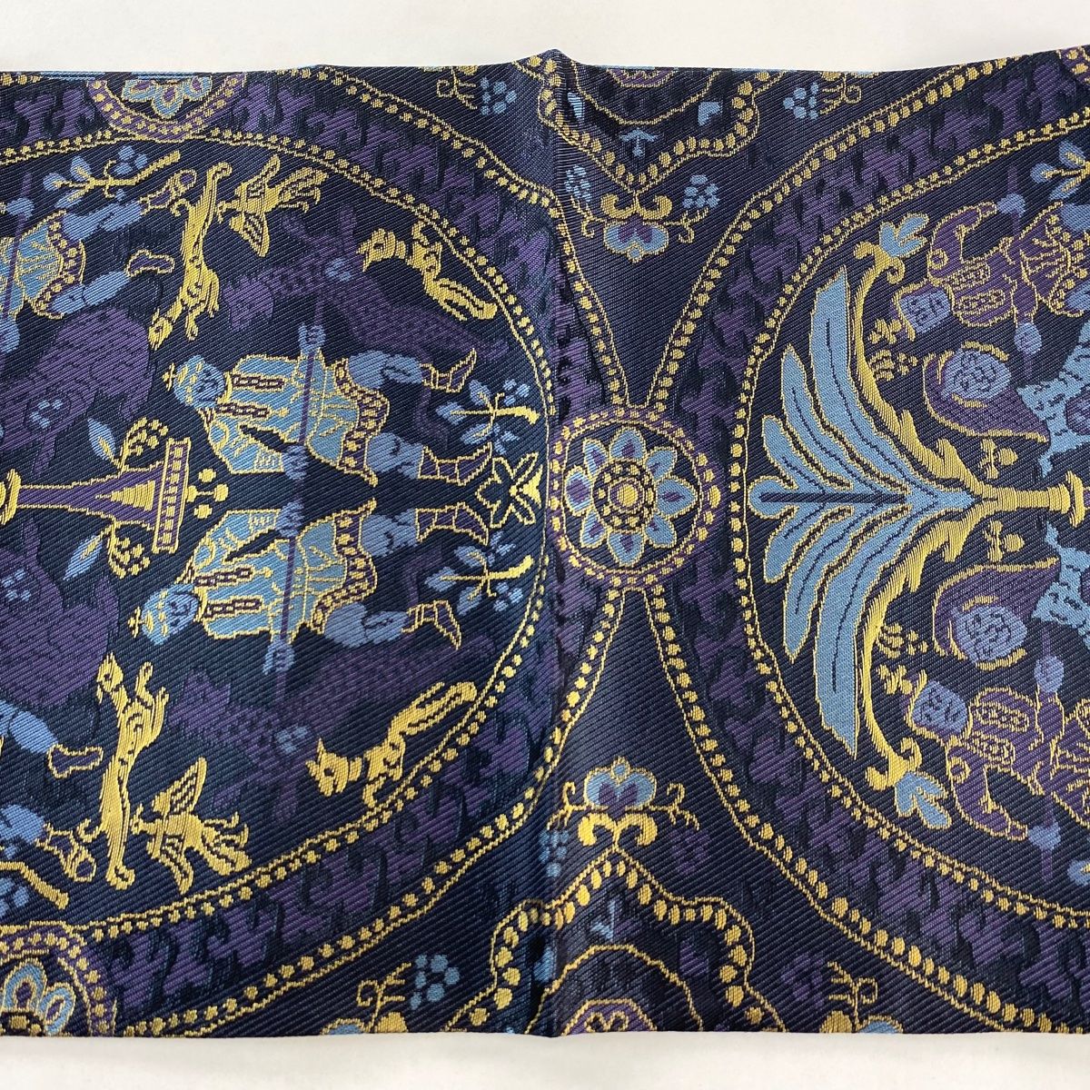  袋帯 関西仕立て 樹下鳥獣文 箔 紺色 全通 正絹 袋帯 帯