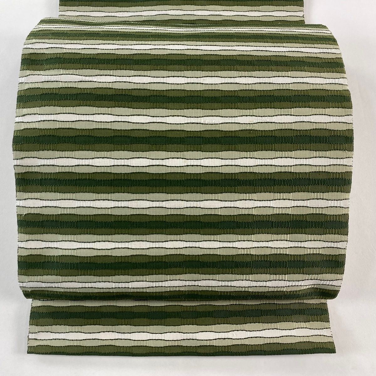 名古屋帯 八寸名古屋帯 松葉仕立て よろけ縞 緑 正絹