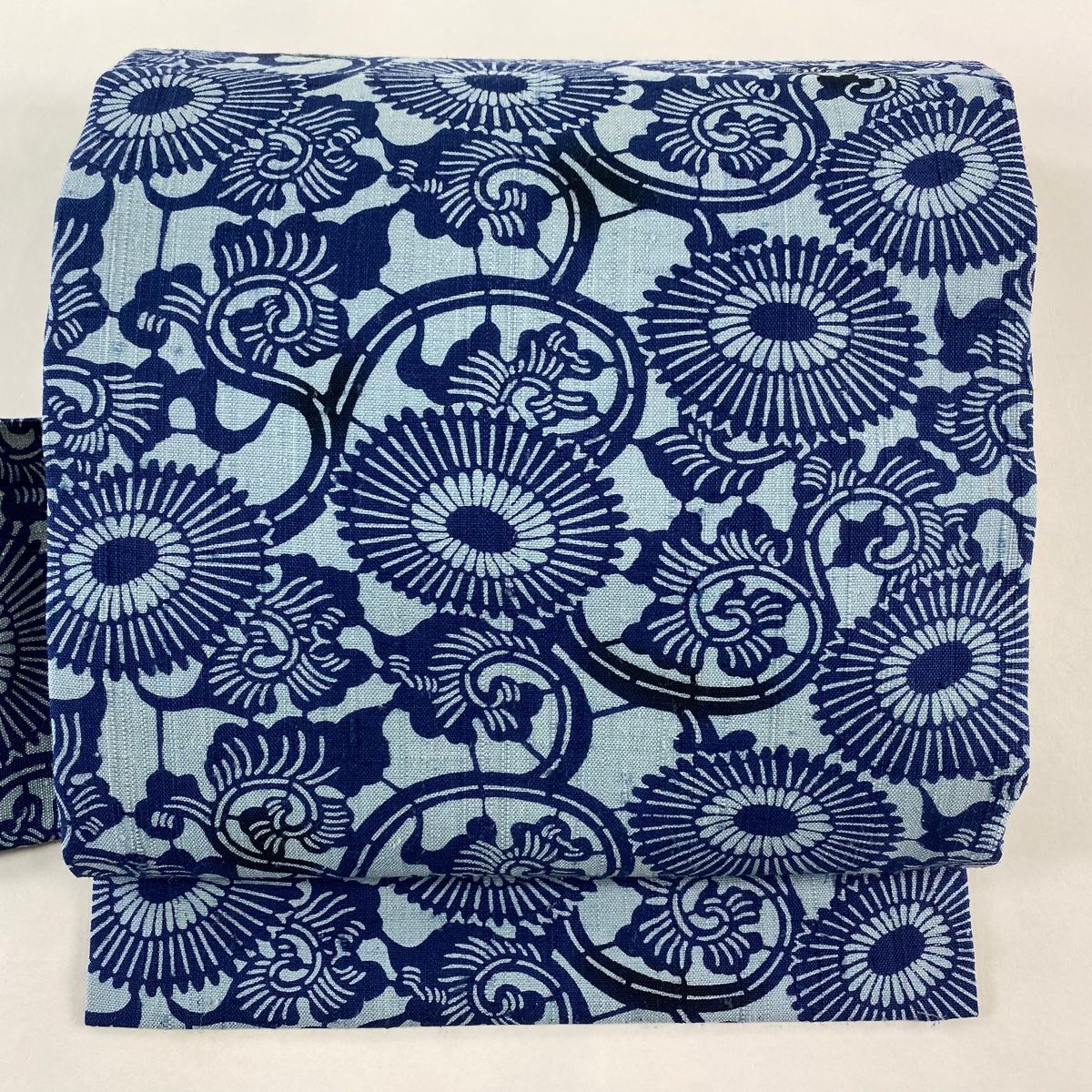 名古屋帯 落款 紬地 菊唐草 青灰色 正絹