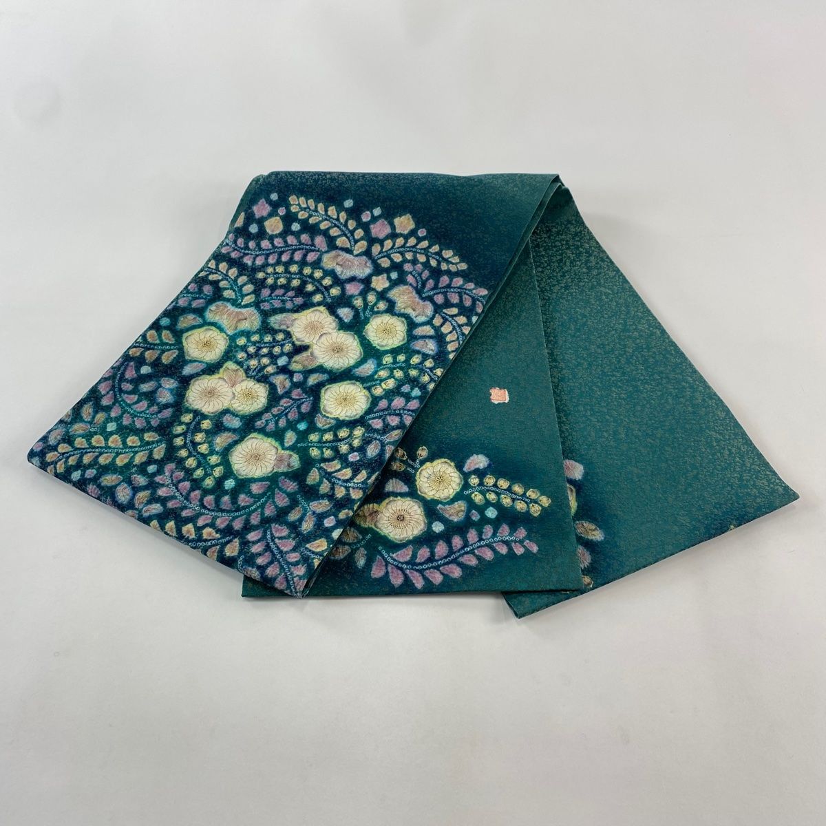  袋帯 落款 辻が花 金通し 緑 お太鼓柄 正絹 袋帯 帯