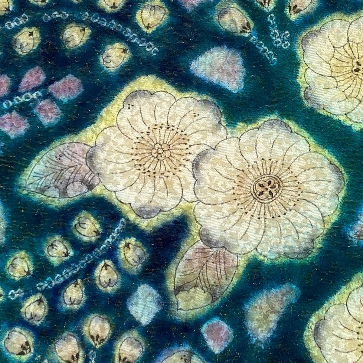 袋帯 落款 辻が花 金通し 緑 お太鼓柄 正絹