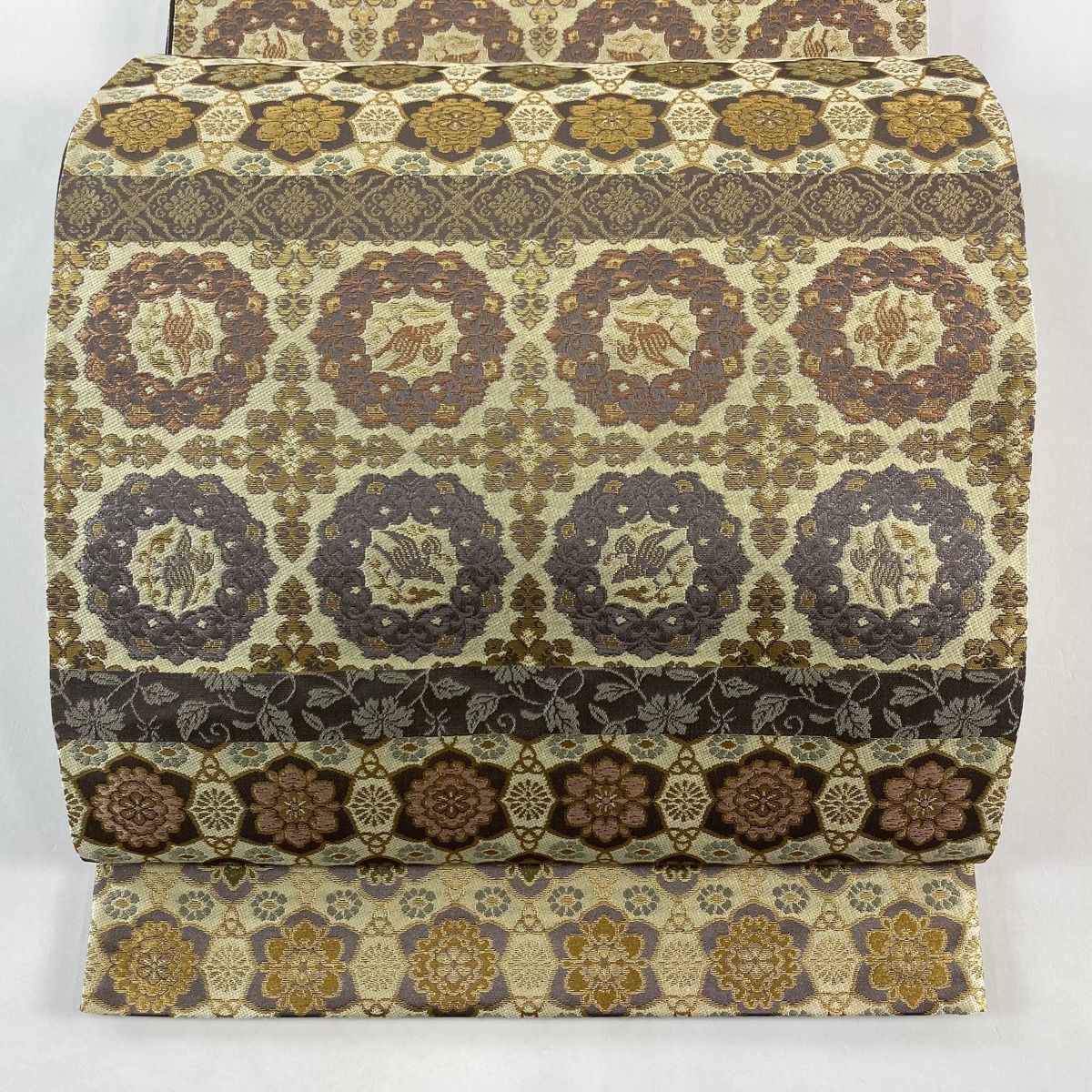 袋帯 箔屋清兵衛 落款 悠久の美 華文 花唐草 箔 灰茶 お太鼓柄 正絹