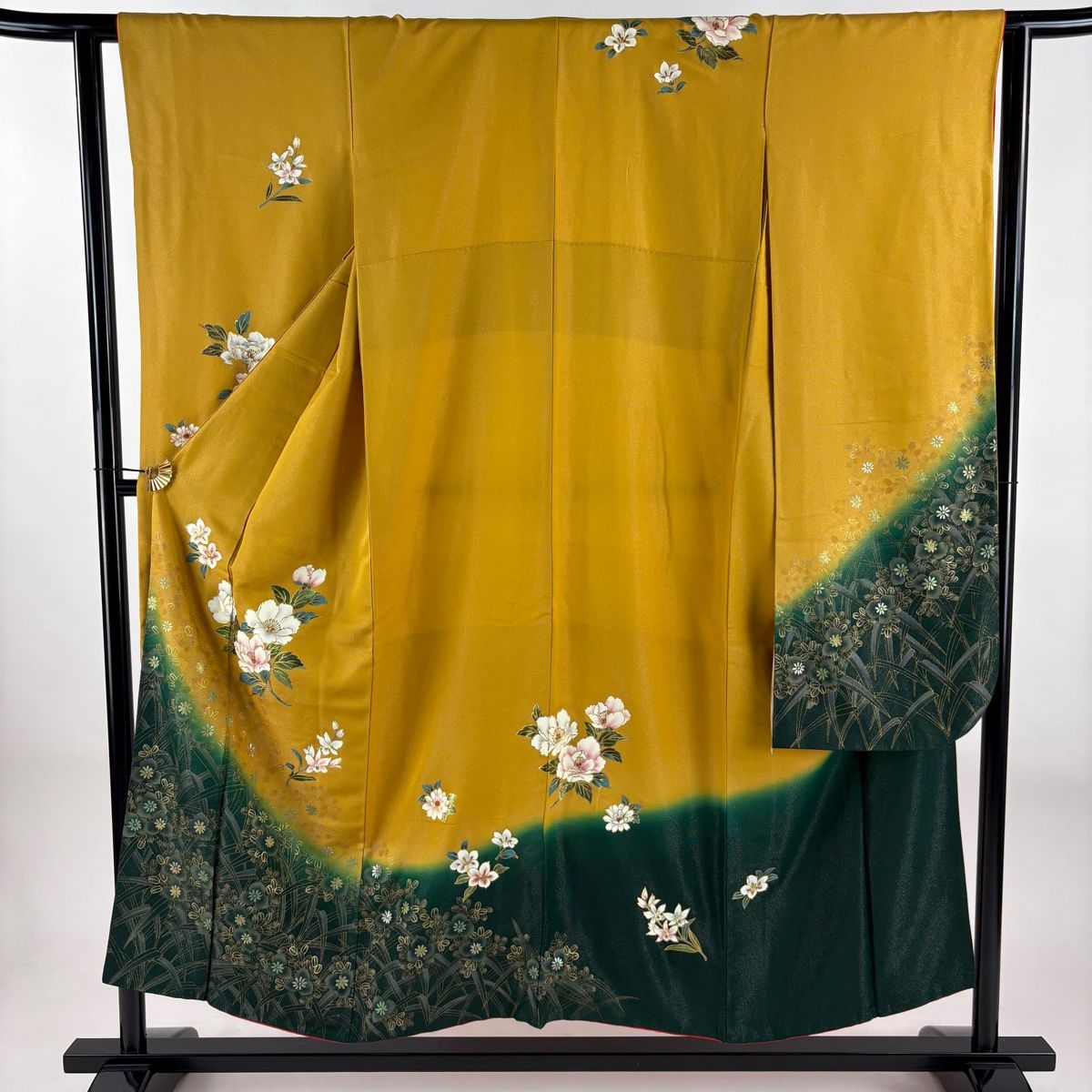 振袖 身丈150.5 cm 裄丈61.5 S 袷 枝花 萩 銀通し 金彩 山吹色 正絹 秀品