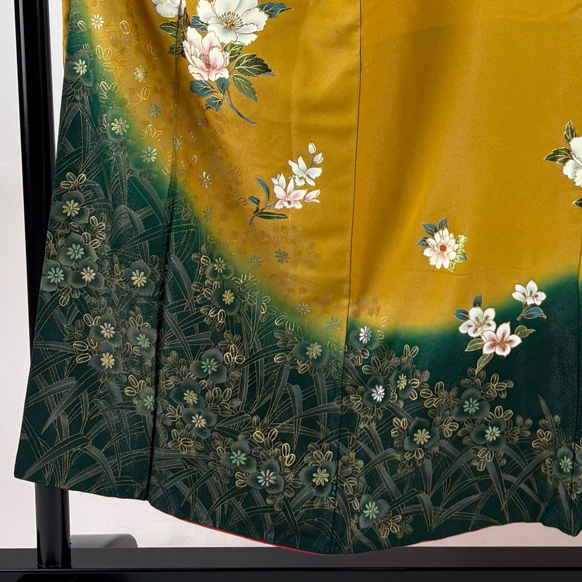 振袖 身丈150.5 cm 裄丈61.5 S 袷 枝花 萩 銀通し 金彩 山吹色 正絹 秀品