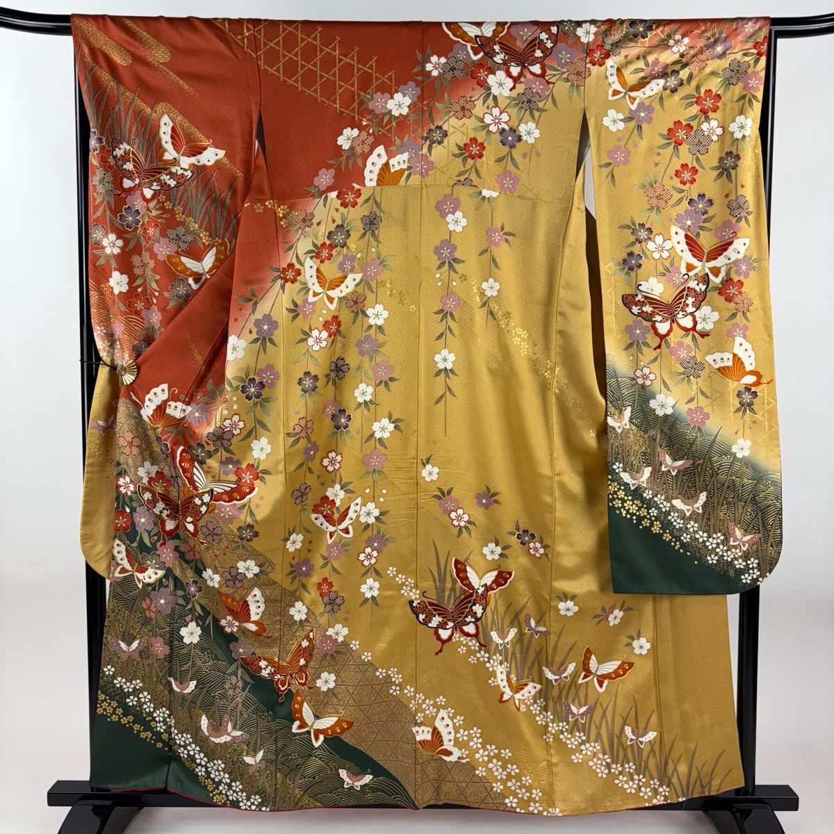 振袖 身丈158 5 cm 裄丈65 M 袷 鈴乃屋 枝垂れ桜 蝶 金糸 金彩 朱色 正絹 秀品