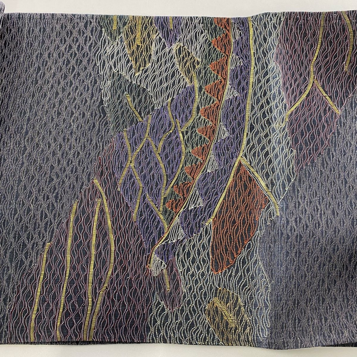  袋帯 秀品 夏帯 波 幾何学模様 金彩 箔 紺色 お太鼓柄 正絹 袋帯 帯