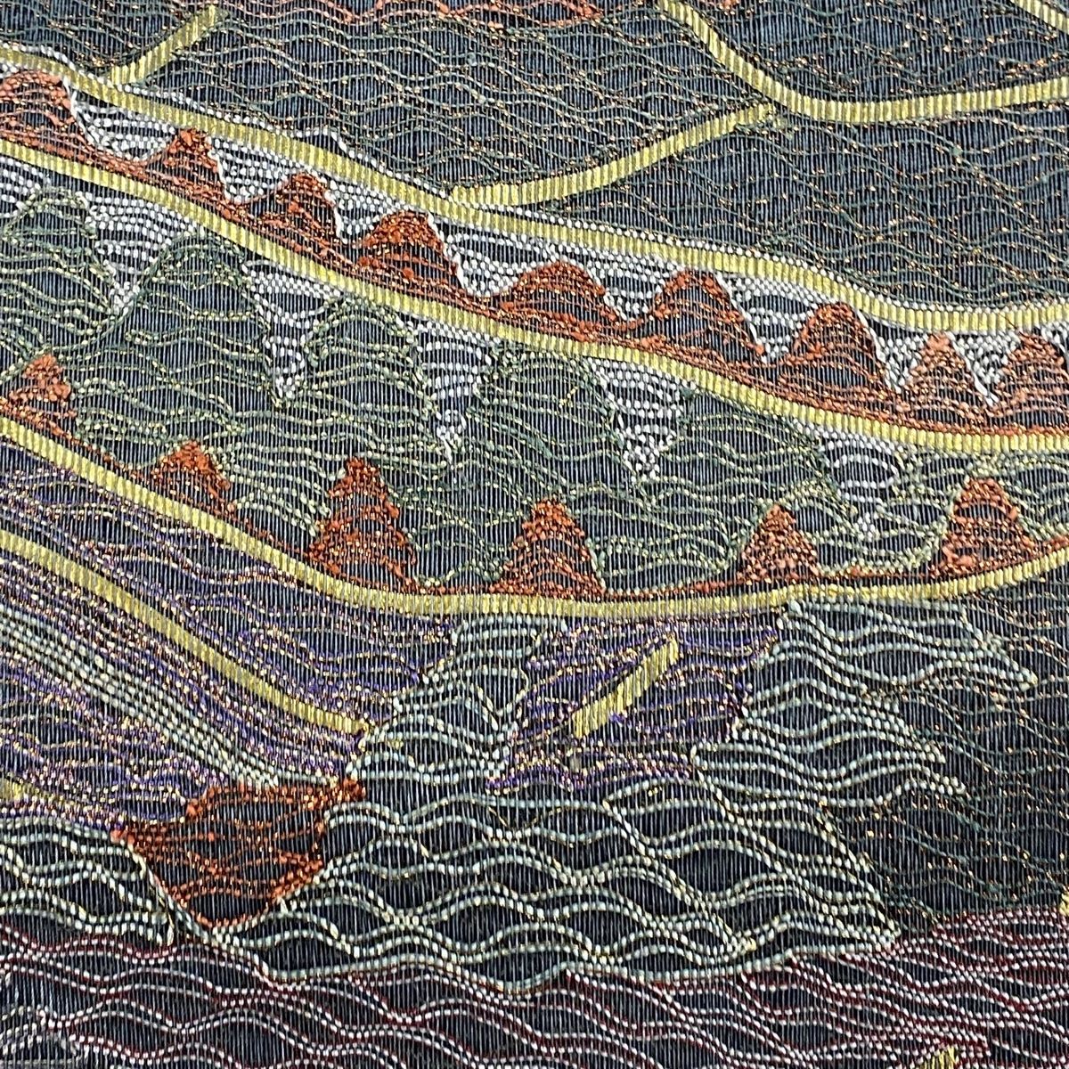 袋帯 秀品 夏帯 波 幾何学模様 金彩 箔 紺色 お太鼓柄 正絹