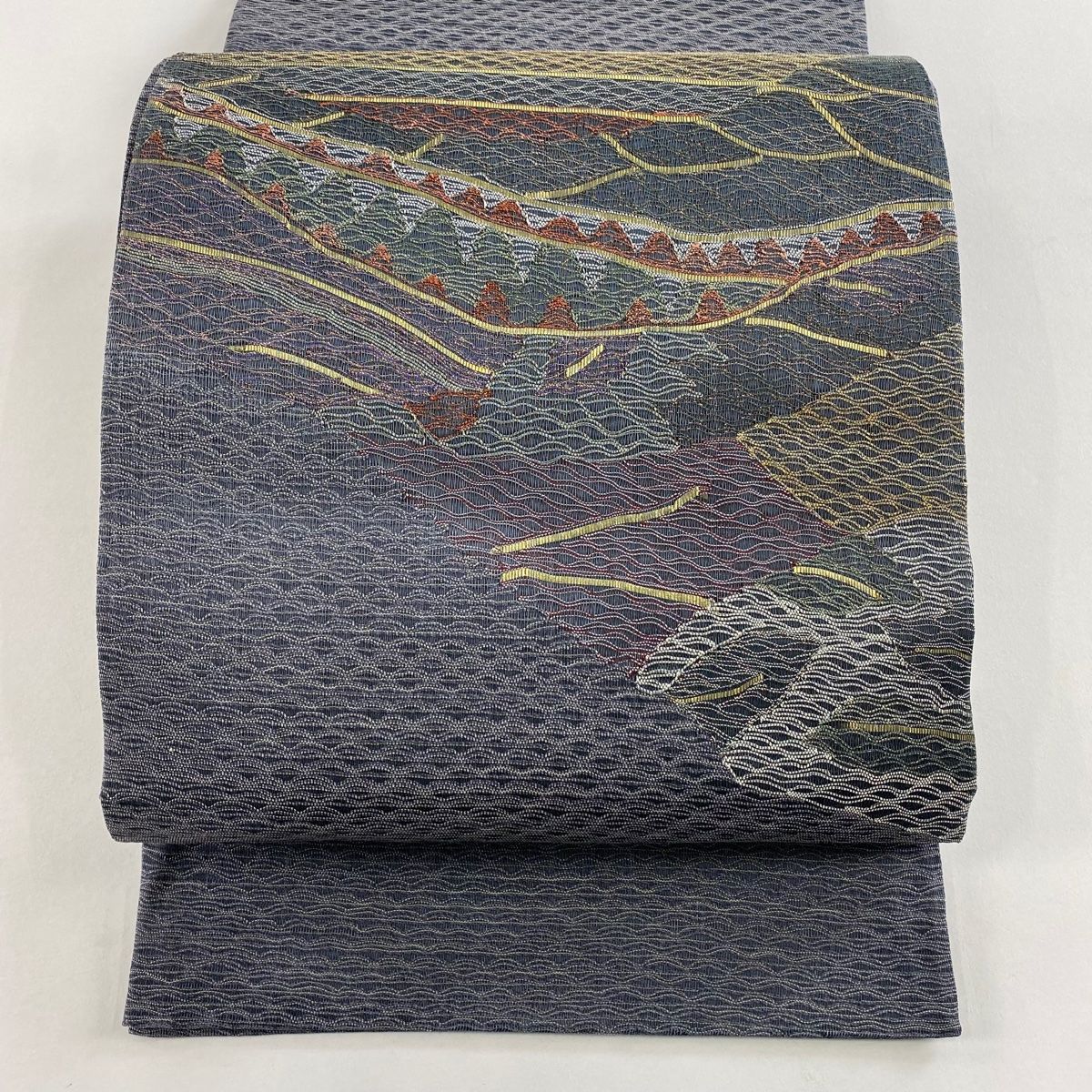 袋帯 秀品 夏帯 波 幾何学模様 金彩 箔 紺色 お太鼓柄 正絹