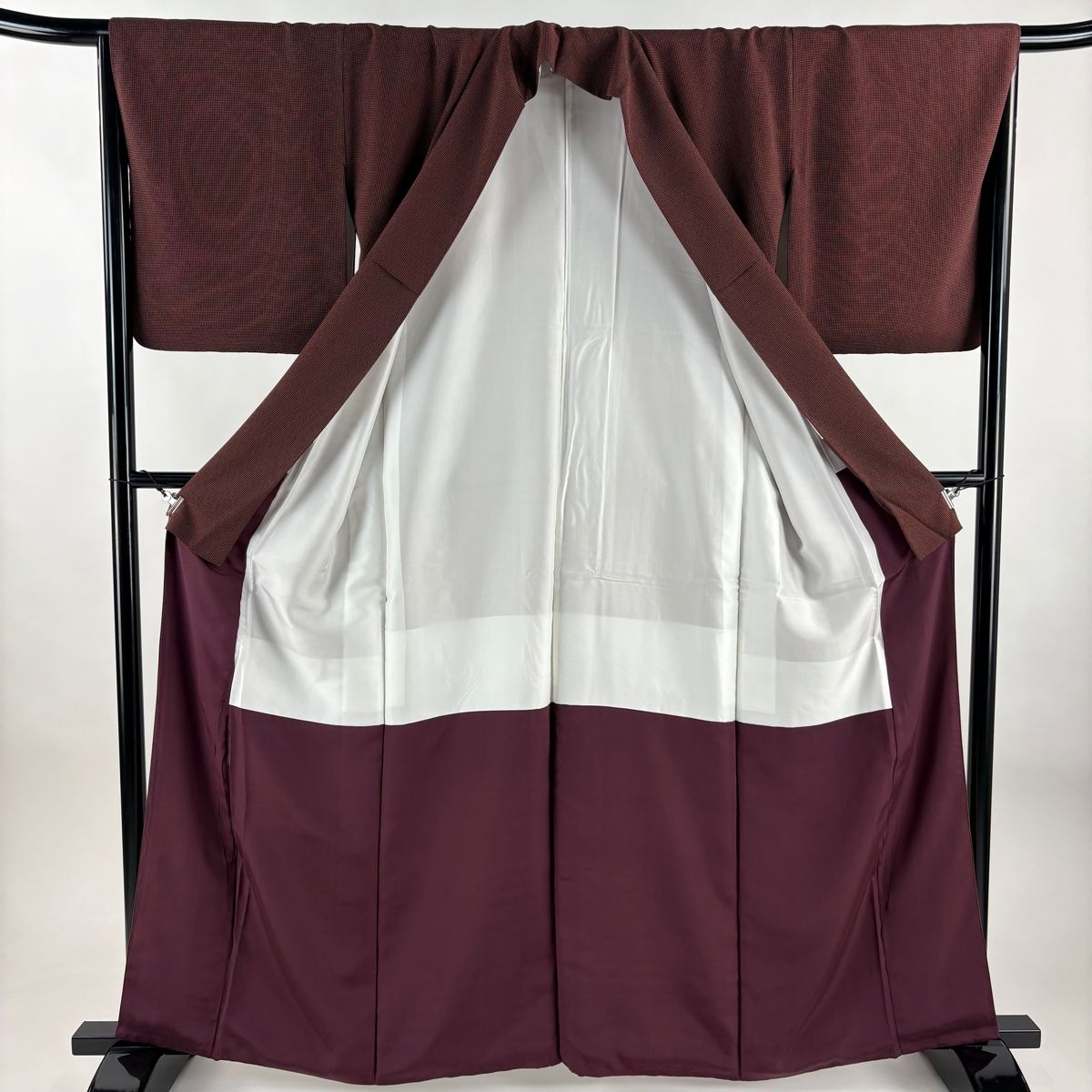  小紋 身丈162.5 cm 裄丈65.5 M 袷 格子柄 えんじ色 正絹 秀品 小紋 着物