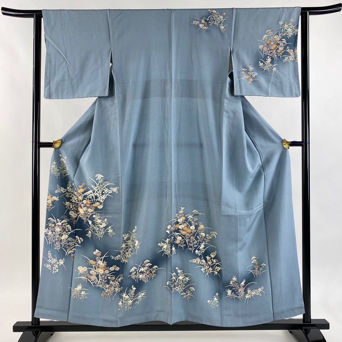 訪問着 身丈156 cm 裄丈63 5 S 袷 秋草 金彩 ぼかし 青灰色 正絹 秀品