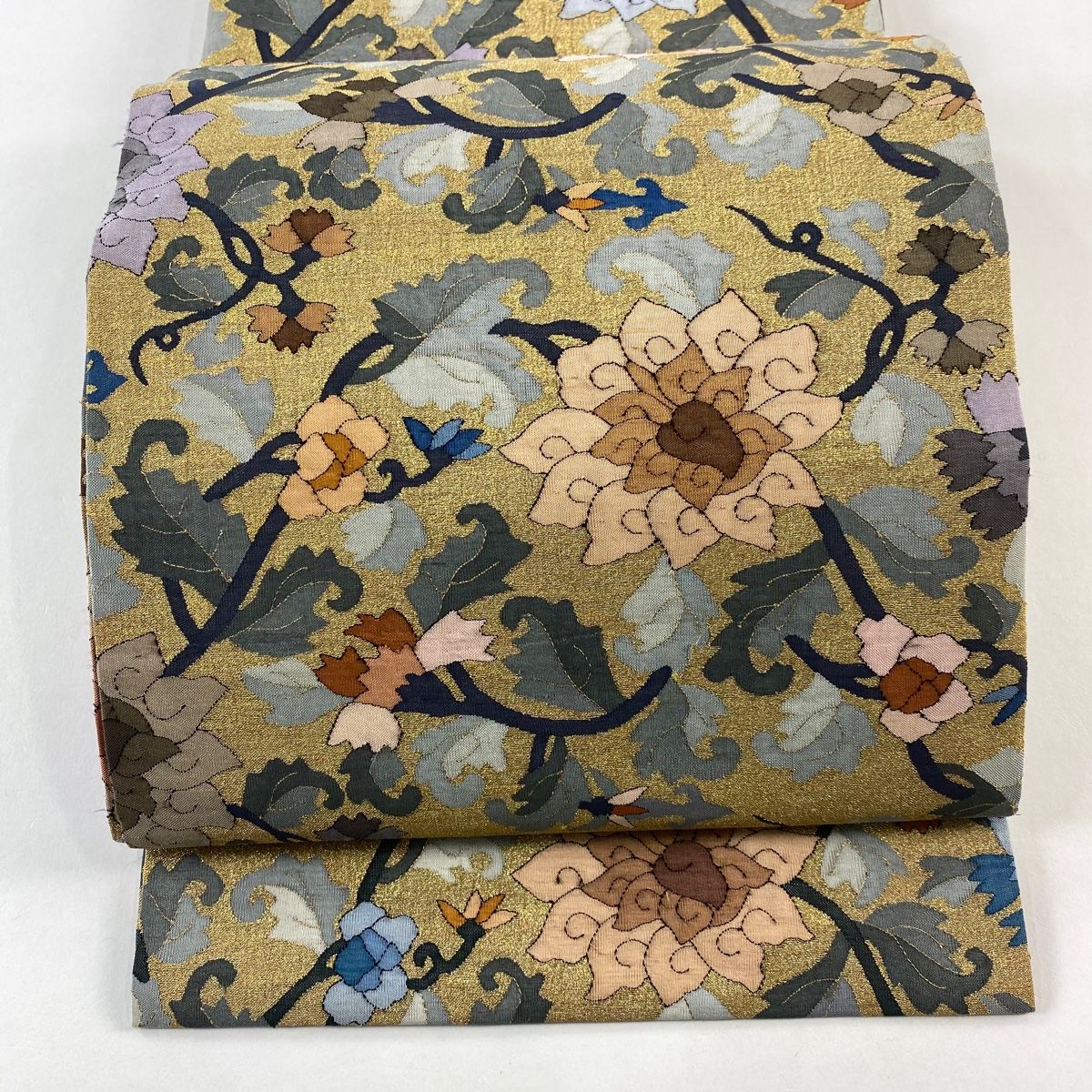 袋帯 花唐草 箔 明綴れ 金色 全通 正絹