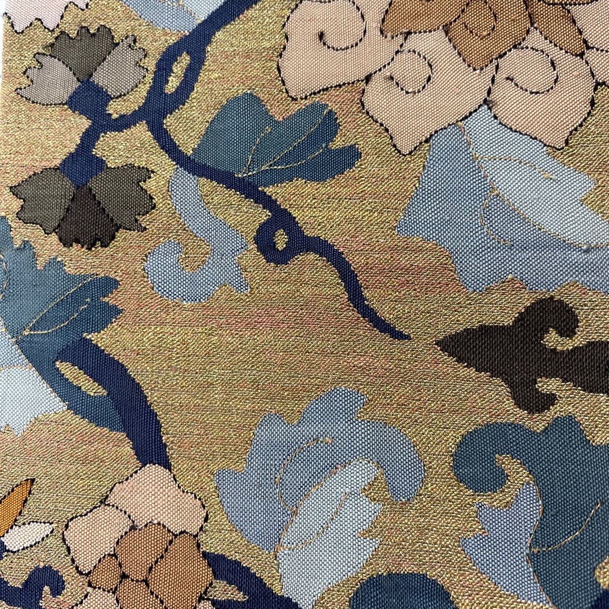  袋帯 花唐草 箔 明綴れ 金色 全通 正絹 袋帯 帯