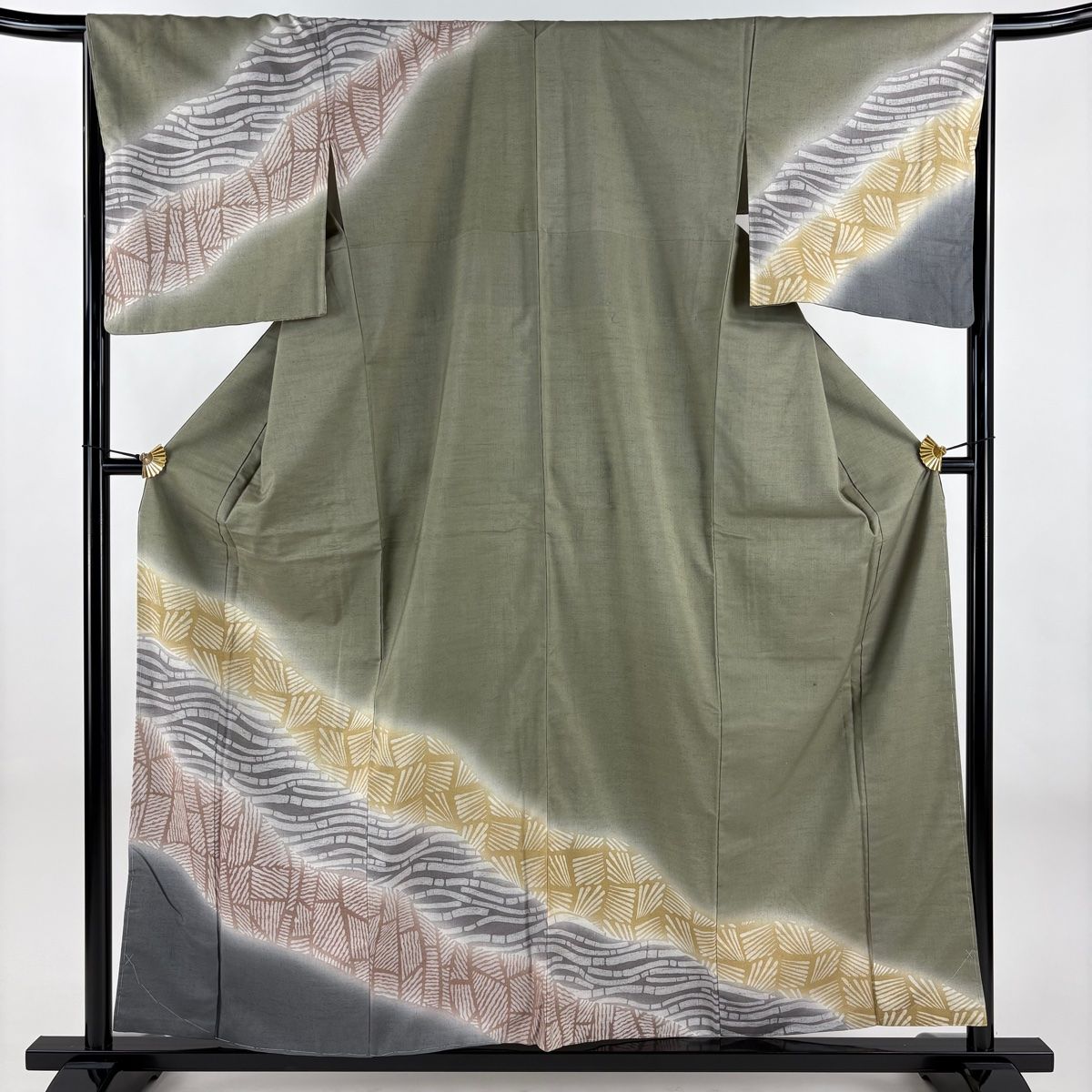 訪問着 身丈158.5 cm 裄丈67 M 袷 紬地 証紙 幾何学 ぼかし 茶緑色 正絹 秀品