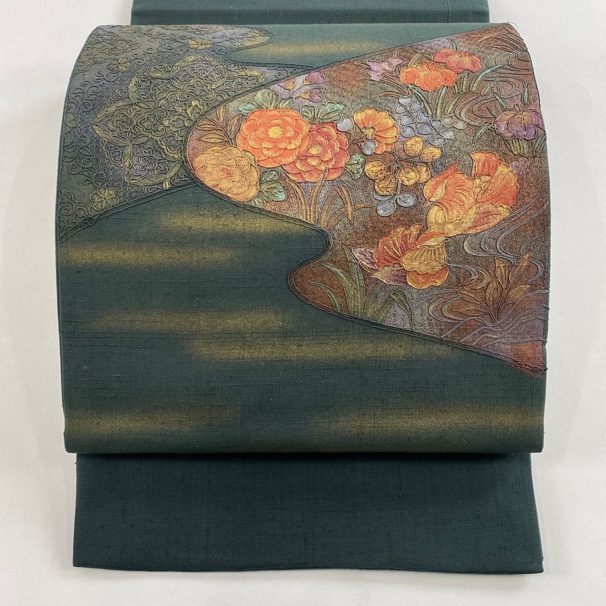 袋帯 秀品 紬地 鴛鴦 草花 刺繍 金彩 深緑 お太鼓柄 正絹