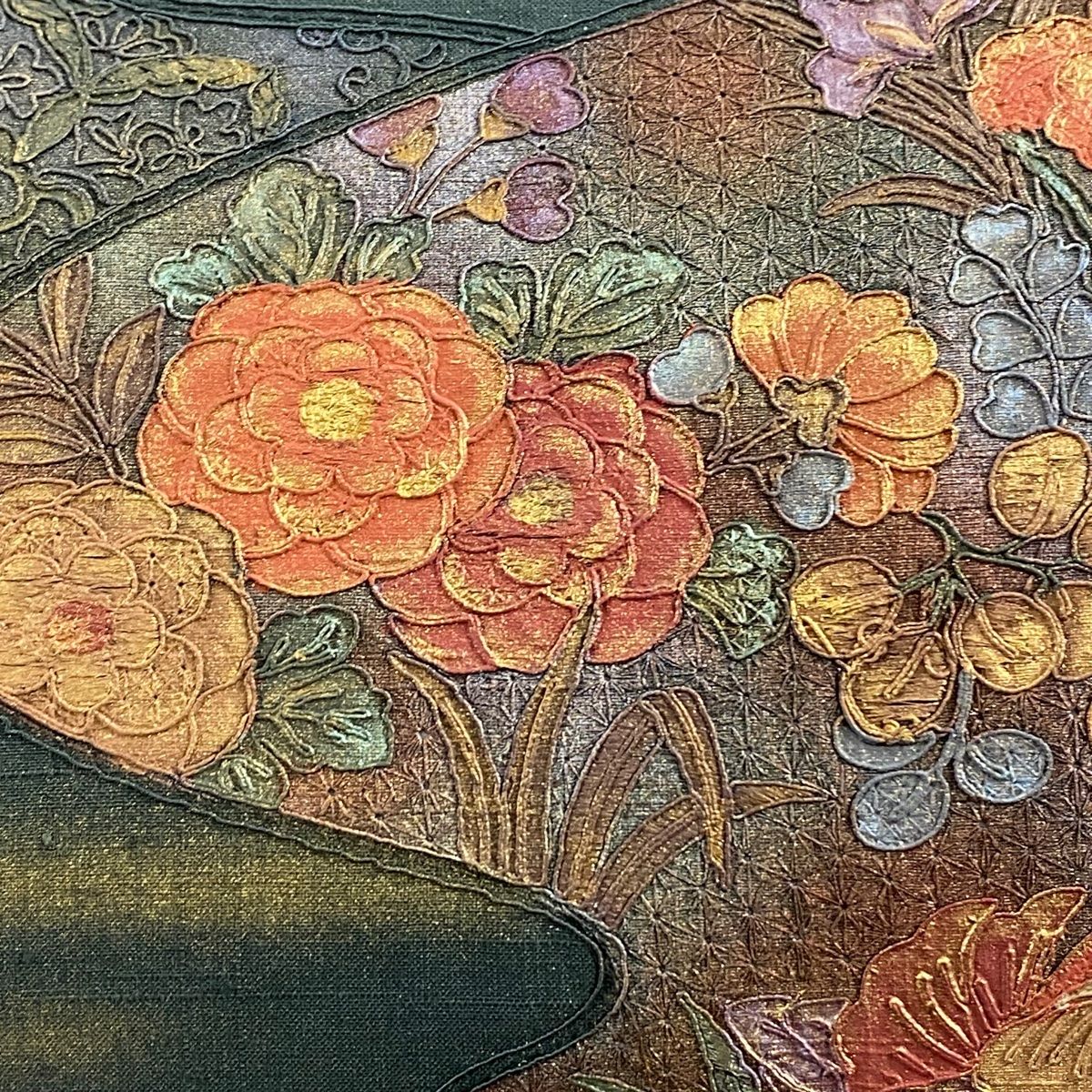 袋帯 秀品 紬地 鴛鴦 草花 刺繍 金彩 深緑 お太鼓柄 正絹