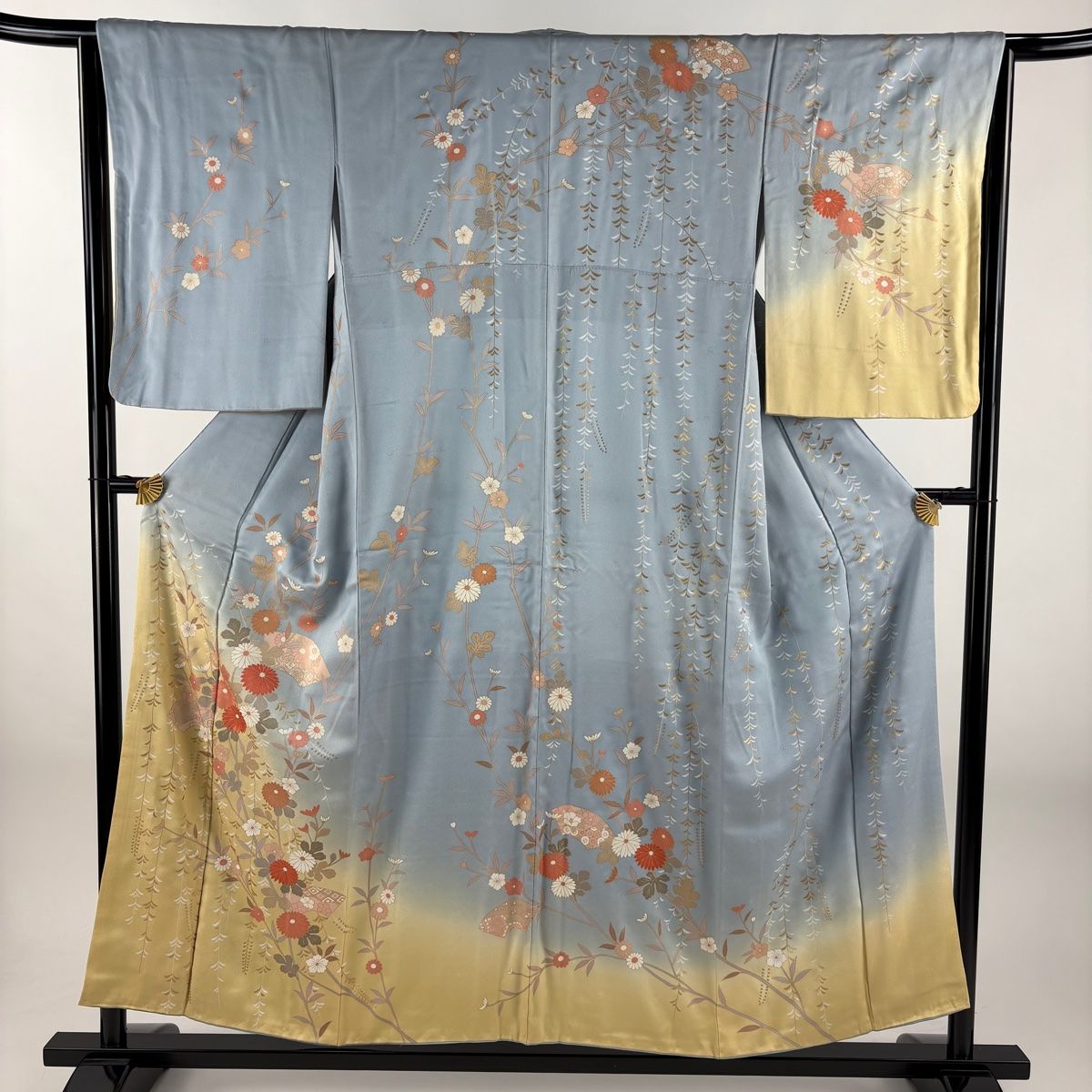 訪問着 身丈153 cm 裄丈65 M 袷 扇面 菊 刺繍 金彩 水色 正絹 秀品