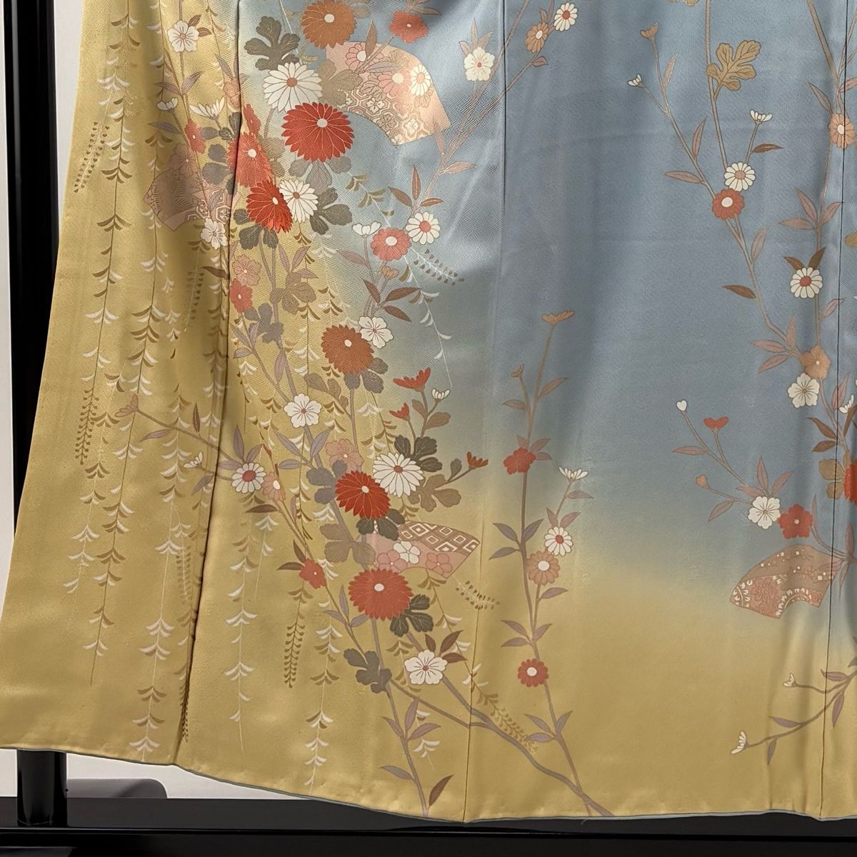 訪問着 身丈153 cm 裄丈65 M 袷 扇面 菊 刺繍 金彩 水色 正絹 秀品
