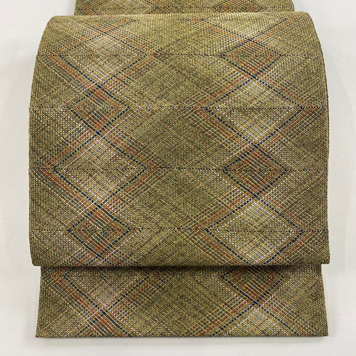 名古屋帯 秀品 八寸名古屋帯 トンネル仕立て 縞 幾何学模様 金銀糸 茶緑色 正絹