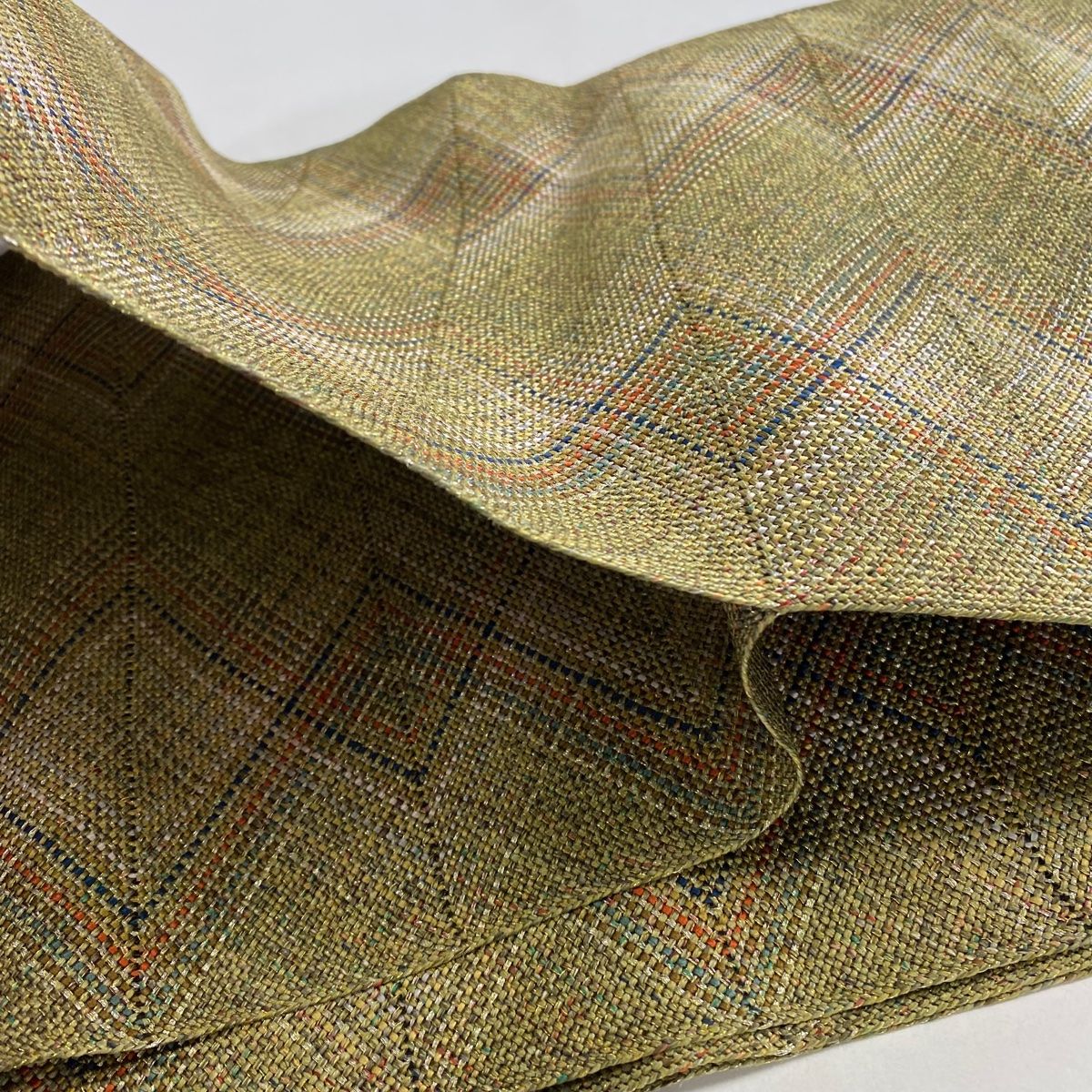  名古屋帯 秀品 八寸名古屋帯 トンネル仕立て 縞 幾何学模様 金銀糸 茶緑色 正絹 名古屋帯 帯