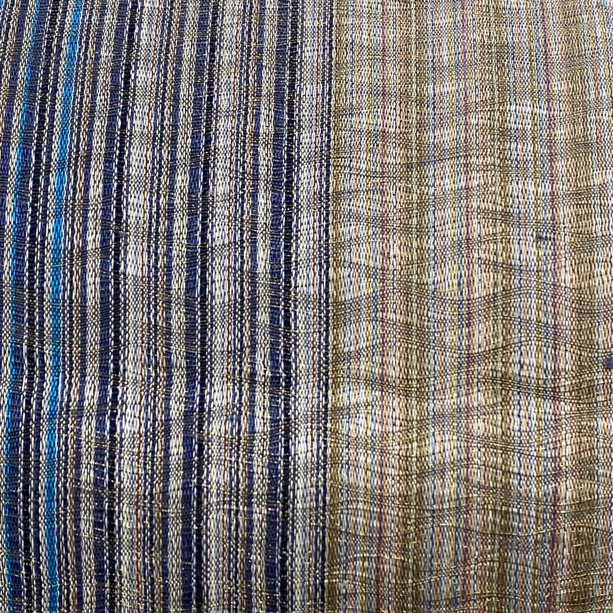袋帯 秀品 夏帯 縞 金糸 青灰色 六通 正絹