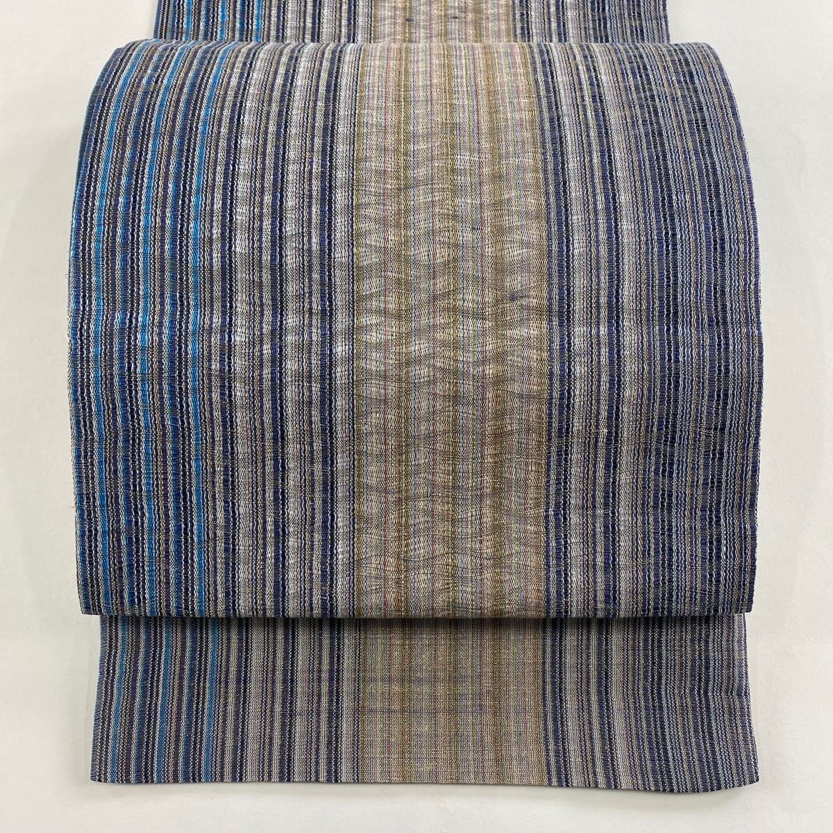 袋帯 秀品 夏帯 縞 金糸 青灰色 六通 正絹