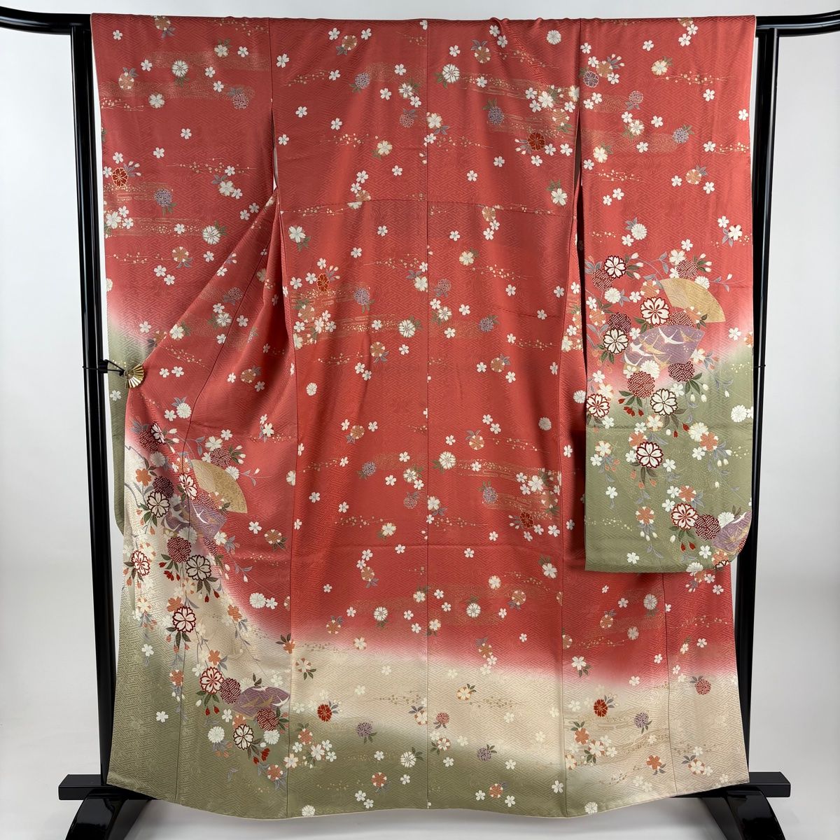 振袖 身丈161 cm 裄丈63 S 袷 扇面 枝垂れ桜 金彩 ぼかし ピンク 正絹 秀品
