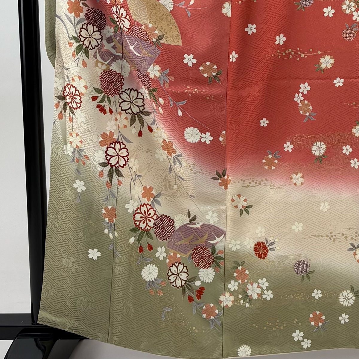 振袖 身丈161 cm 裄丈63 S 袷 扇面 枝垂れ桜 金彩 ぼかし ピンク 正絹 秀品