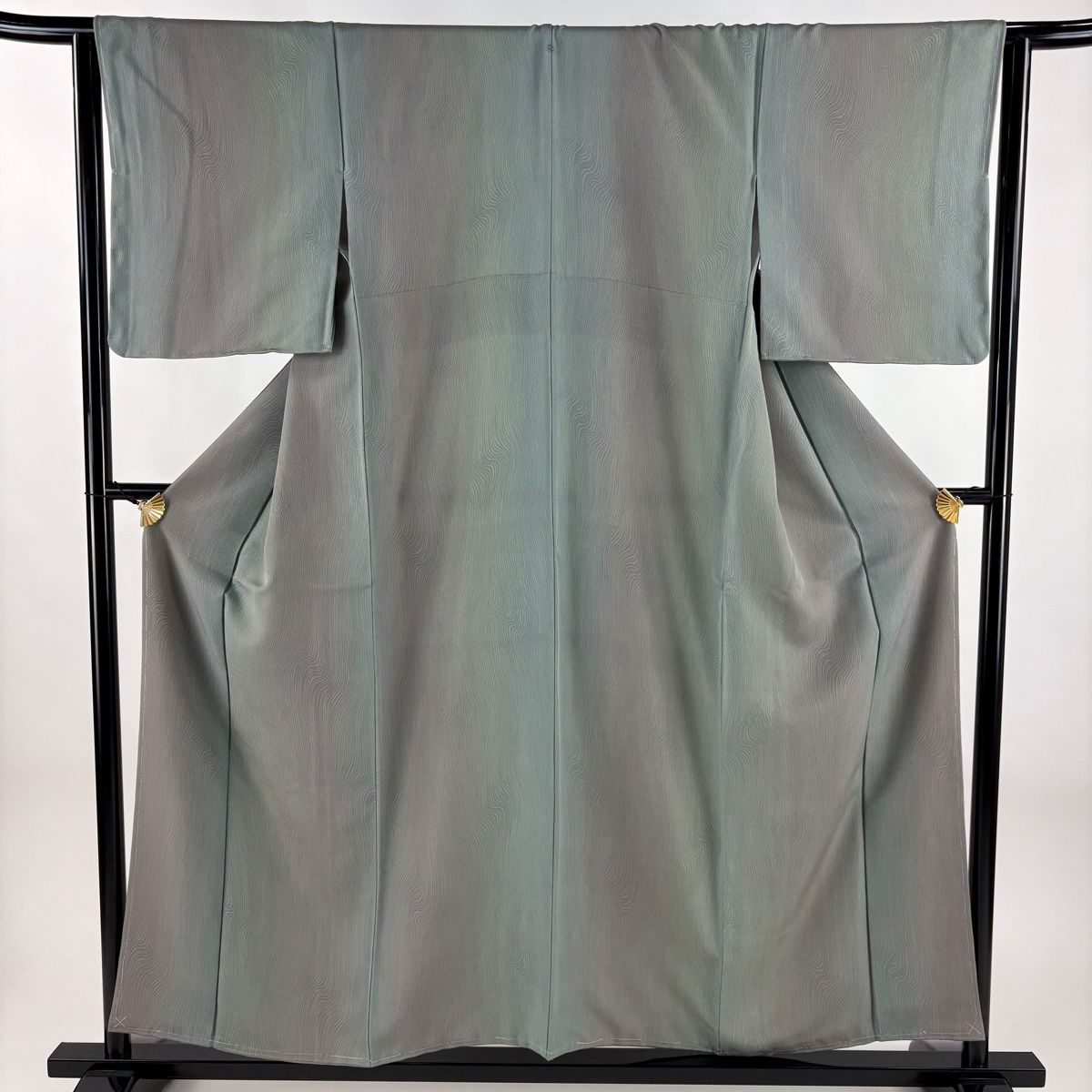 小紋 身丈155 5 cm 裄丈64 M 袷 木目柄 縦ぼかし 灰緑 正絹 秀品 一つ紋