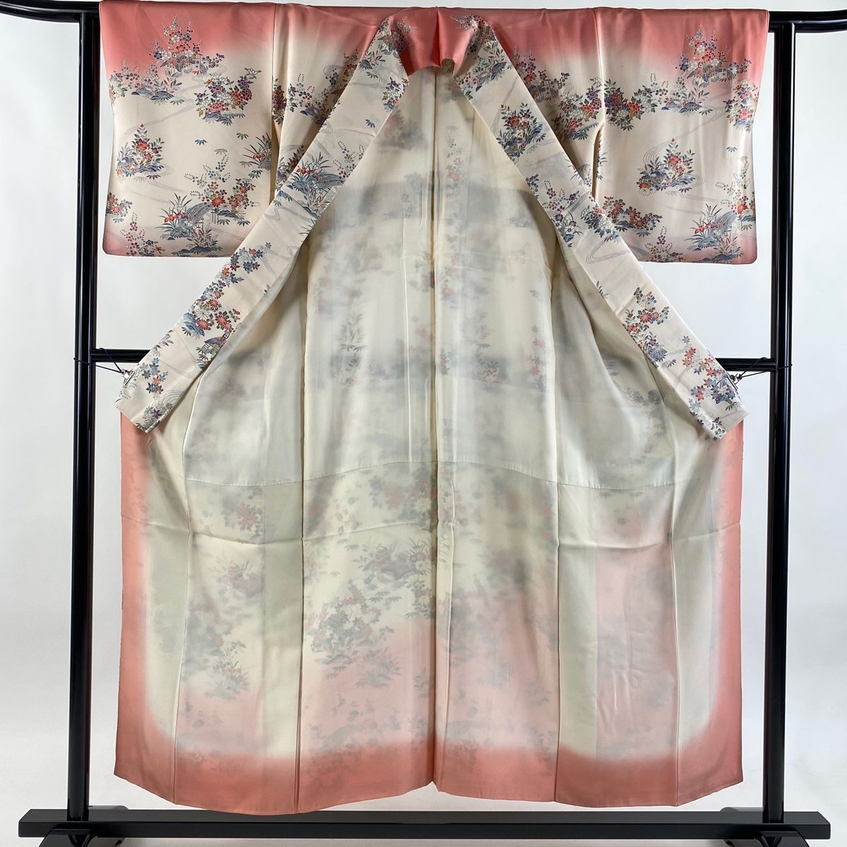  訪問着 身丈152 cm 裄丈62.5 S 袷 草花 家屋 染め分け ピンク 正絹 秀品 訪問着 付け下げ 着物