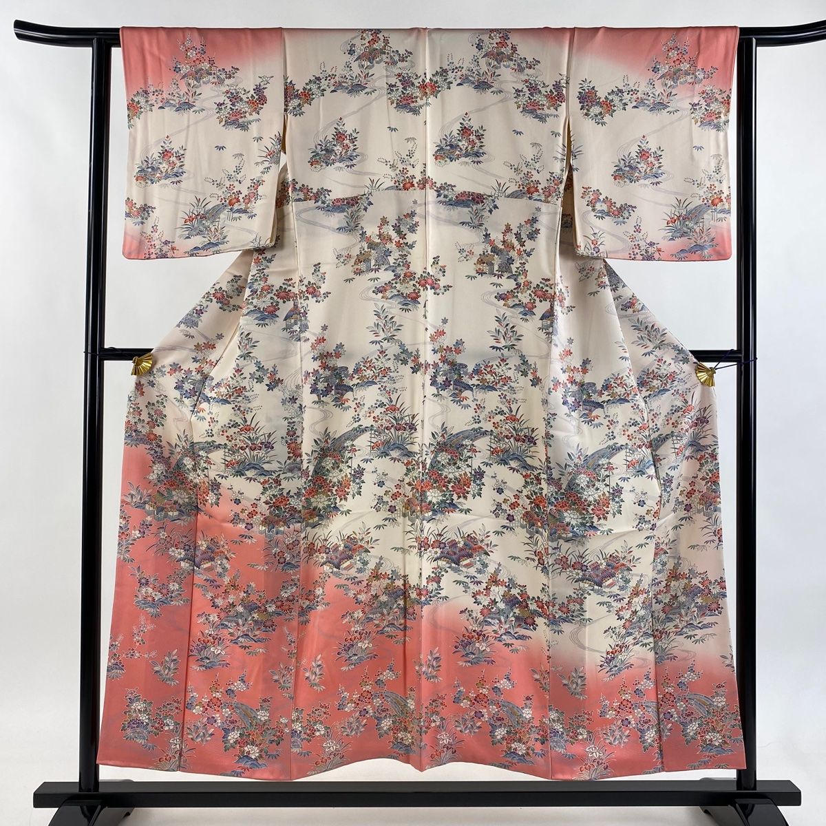 訪問着 身丈152 cm 裄丈62.5 S 袷 草花 家屋 染め分け ピンク 正絹 秀品