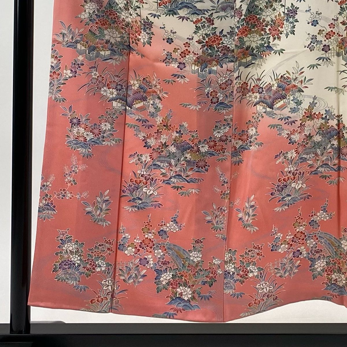 訪問着 身丈152 cm 裄丈62.5 S 袷 草花 家屋 染め分け ピンク 正絹 秀品