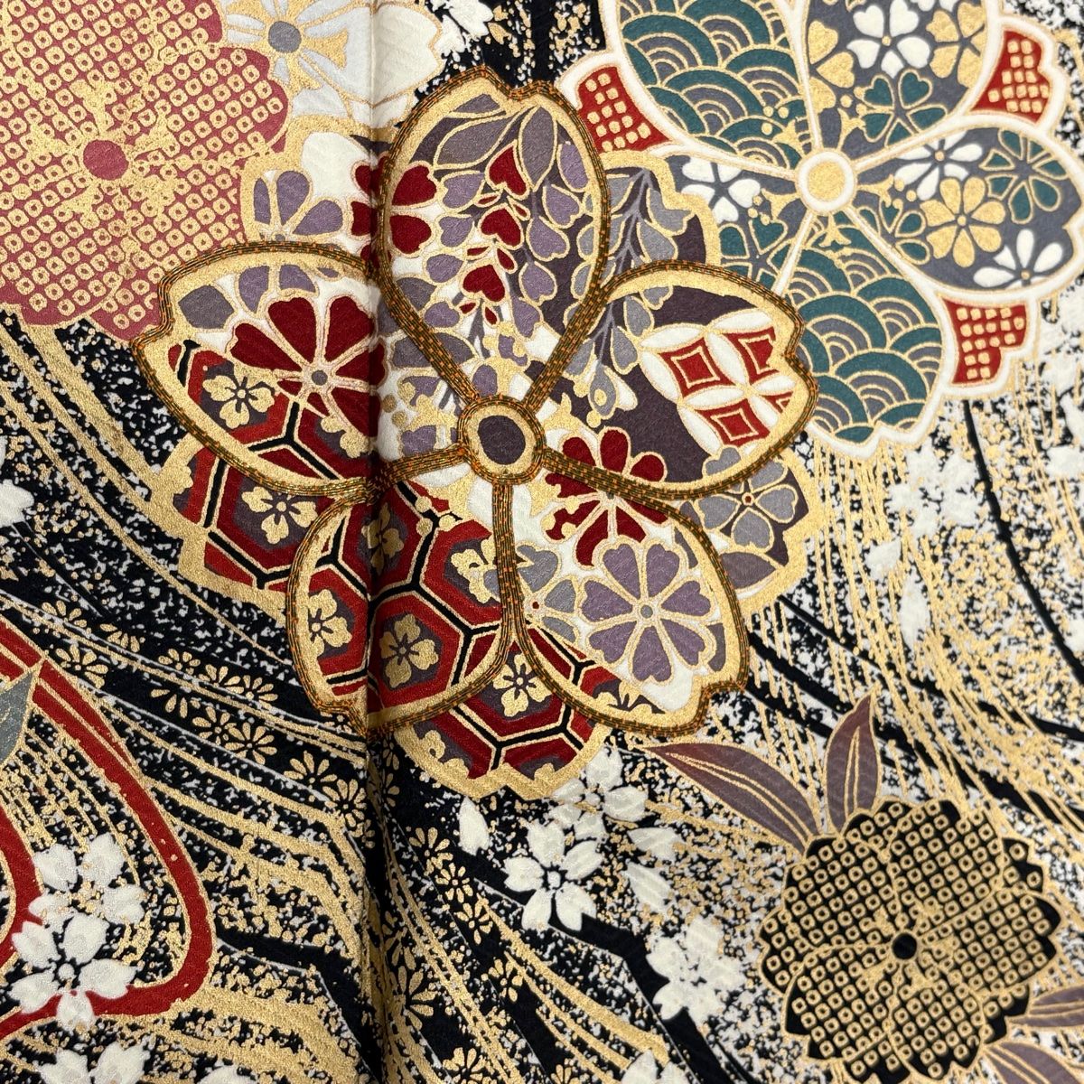  振袖 身丈157 5 cm 裄丈64 M 袷 桜 波 金糸 金彩 黒灰 正絹 秀品 振袖 着物