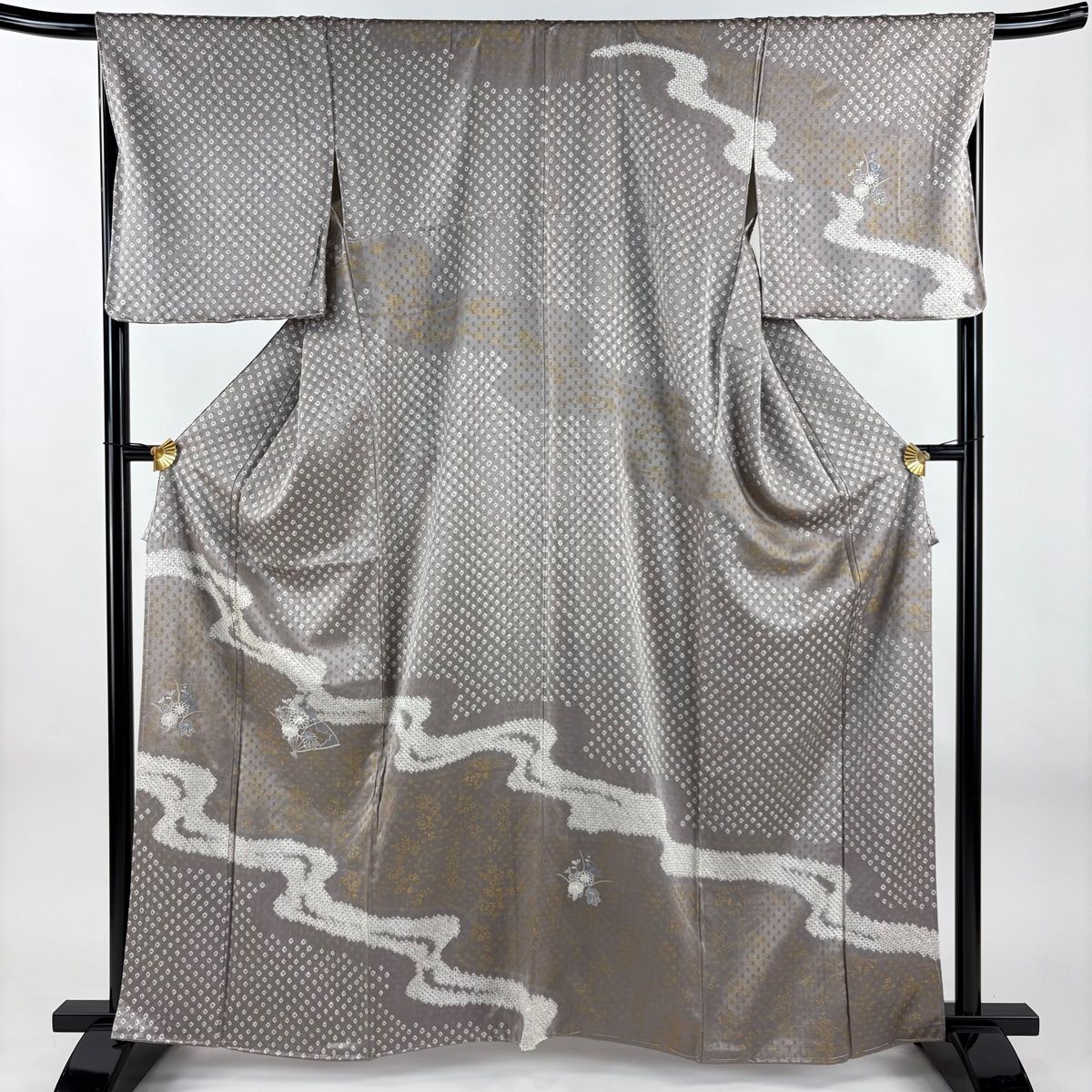 訪問着 身丈162.5 cm 裄丈68 L 袷 扇 草花 刺繍 絞り 灰茶 正絹 秀品