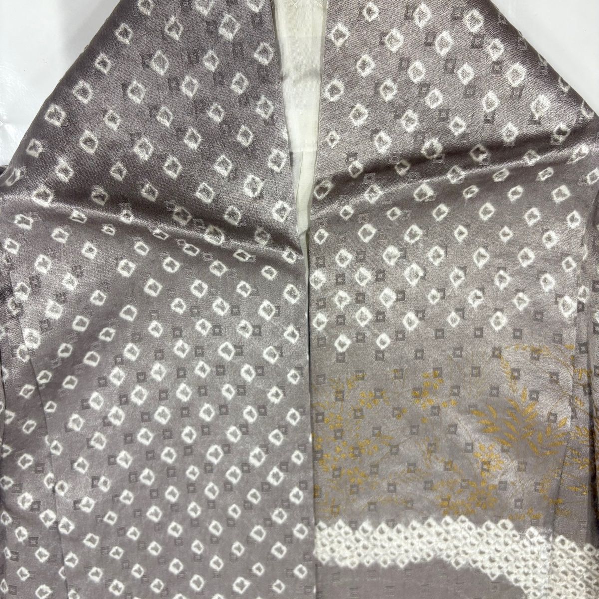  訪問着 身丈162.5 cm 裄丈68 L 袷 扇 草花 刺繍 絞り 灰茶 正絹 秀品 訪問着 付け下げ 着物