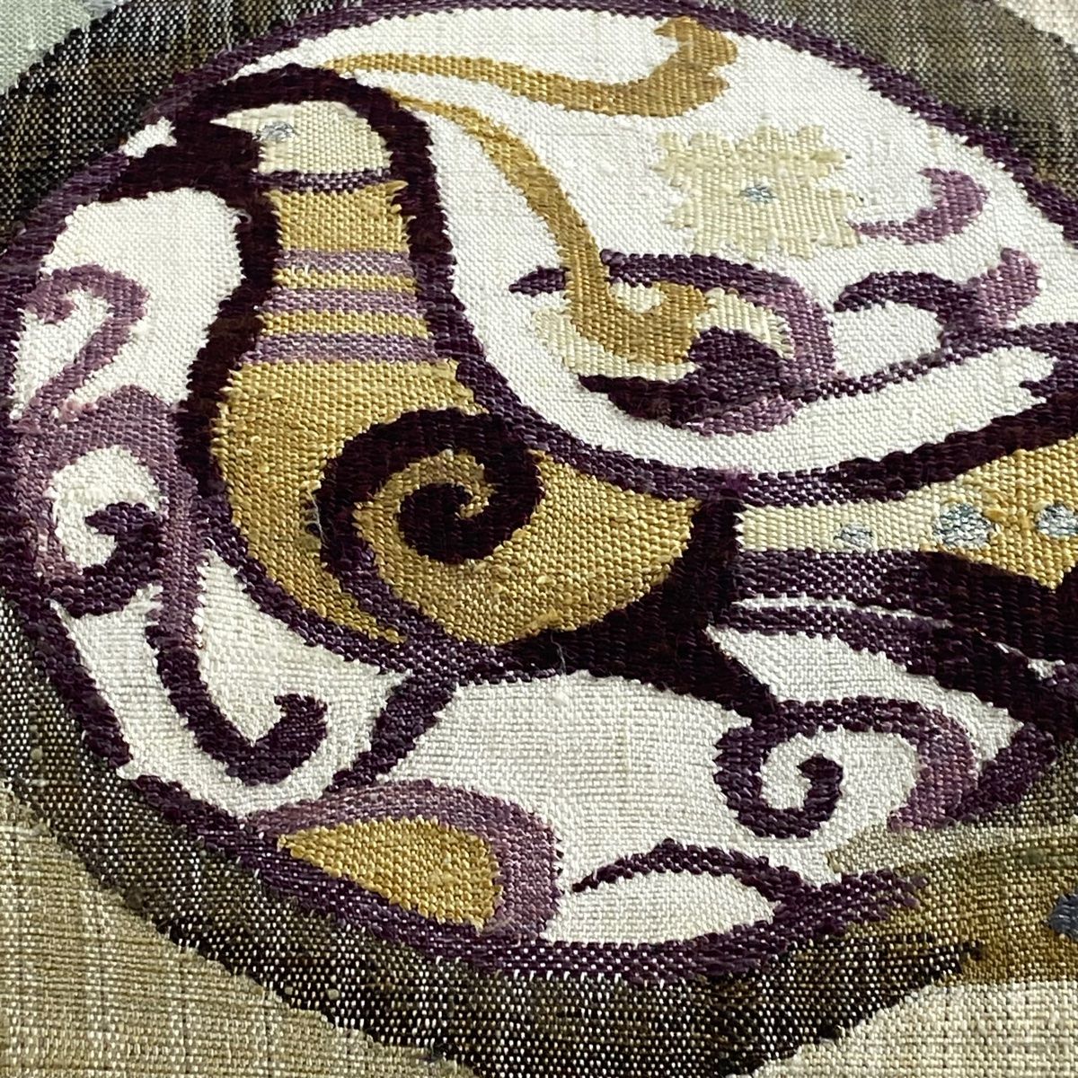 袋帯 秀品 紬地 鳥 草花 金銀糸 ベージュ お太鼓柄 正絹