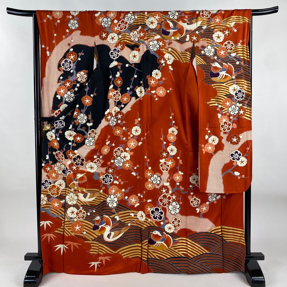 振袖 身丈169 5 cm 裄丈67 M 袷 梅 鴛鴦 金糸 金彩 朱色 正絹 秀品