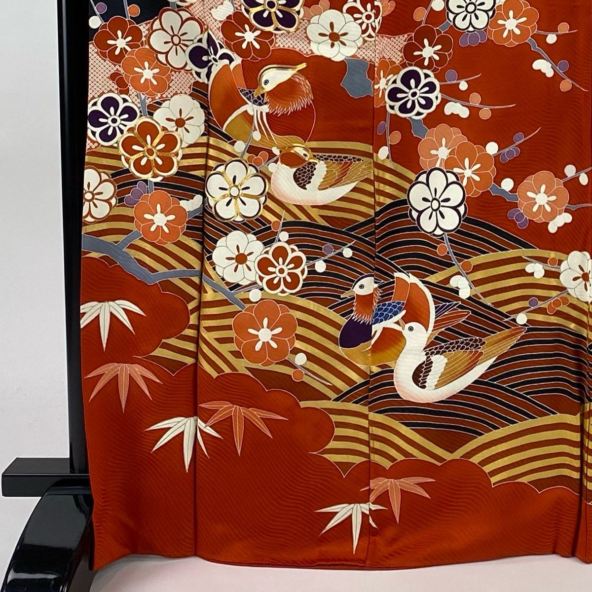 振袖 身丈169.5 cm 裄丈67 M 袷 梅 鴛鴦 金糸 金彩 朱色 正絹 秀品