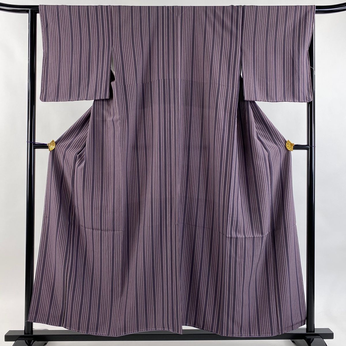 小紋 身丈155 cm 裄丈65 M 袷 縦縞 紫 正絹 秀品