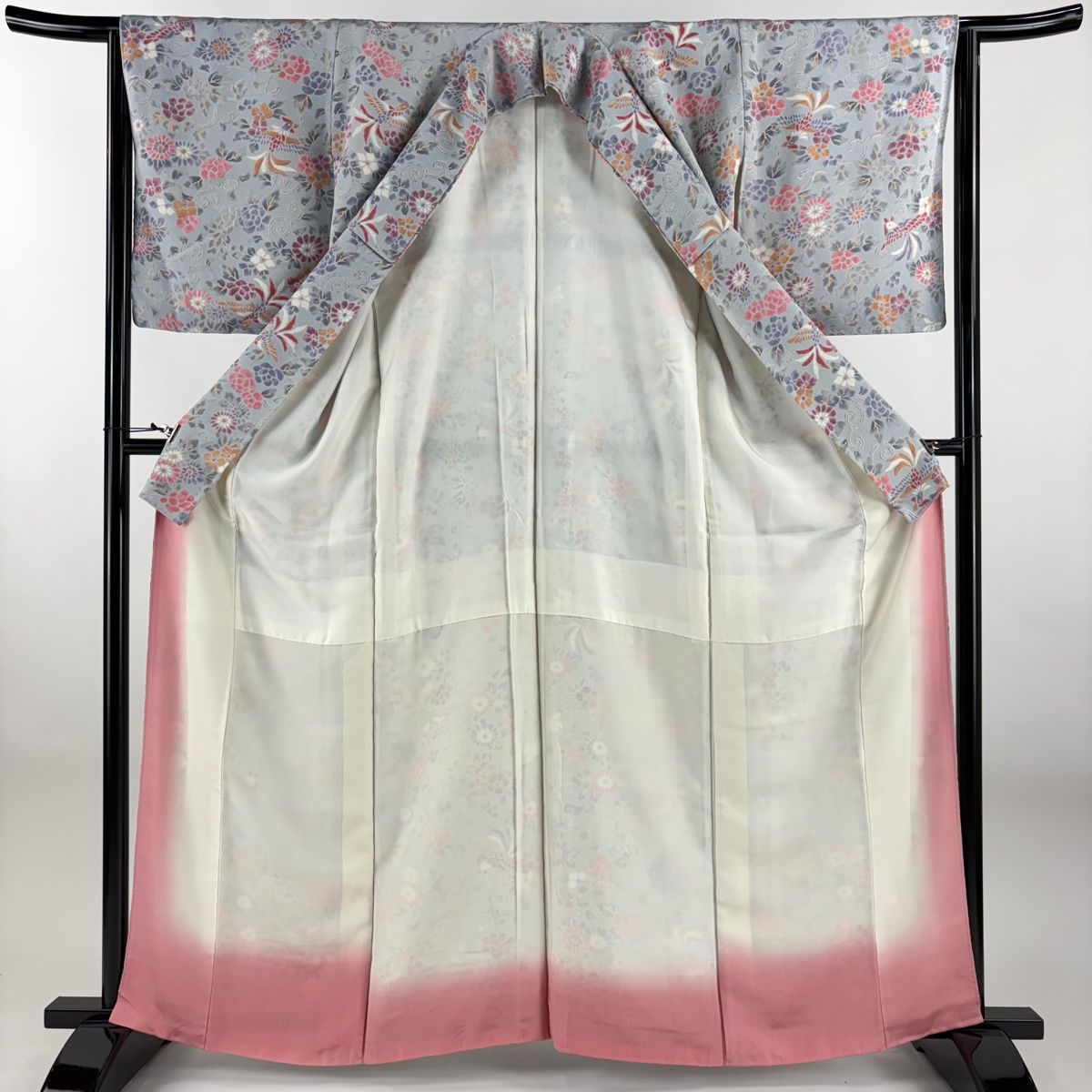 小紋 身丈161.5cm 裄丈64.5cm M 袷 花唐草 鳥 縮緬 青灰色 正絹 優品