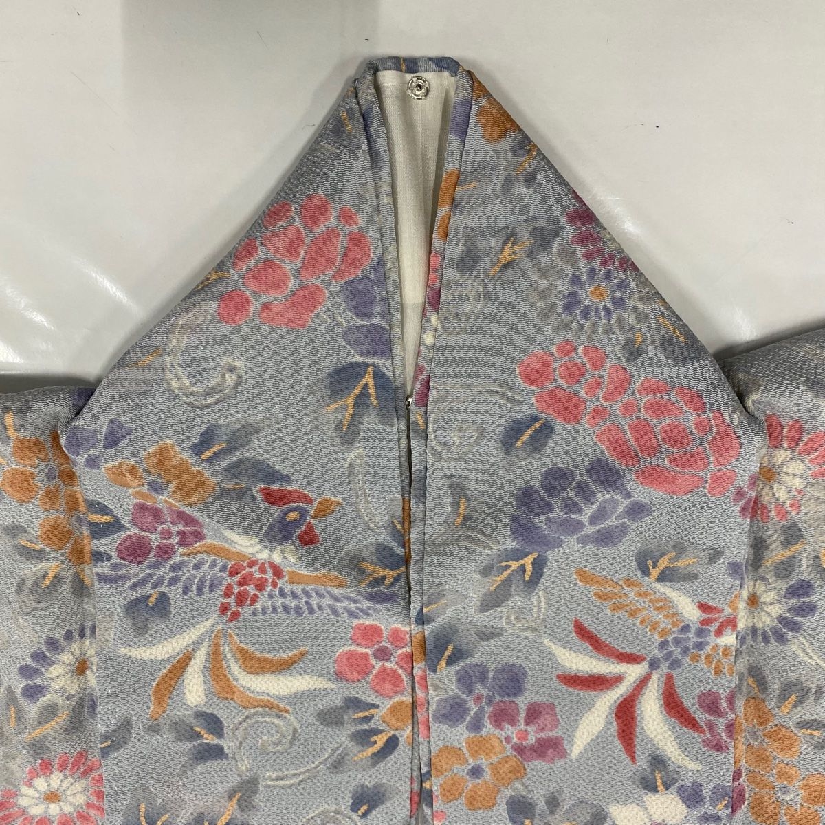 小紋 身丈161.5cm 裄丈64.5cm M 袷 花唐草 鳥 縮緬 青灰色 正絹 優品