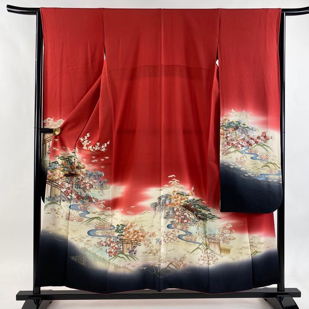 振袖 身丈154.5 cm 裄丈63.5 S 袷 風景 建物 金銀彩 ぼかし 赤 正絹 秀品
