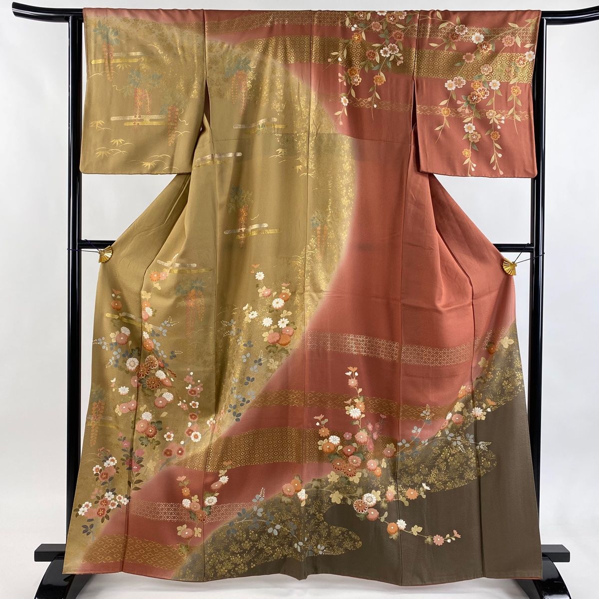 訪問着 身丈162.5 cm 裄丈63 S 袷 菊 ヱ霞 金糸 金彩 赤茶 正絹 秀品